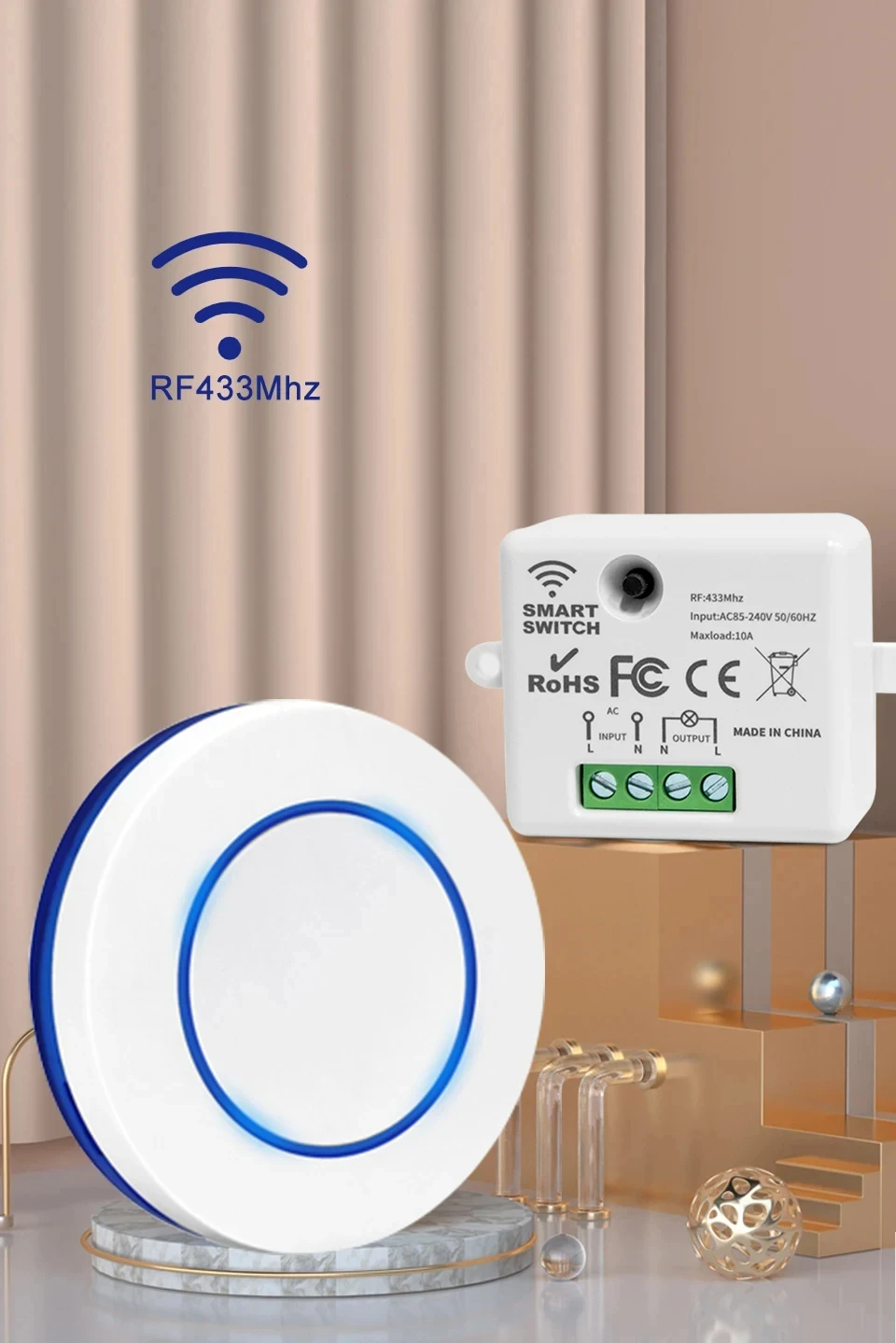 Description Picture 3 of itemRF 433MHz Wireless Remote Control Light Switch 220V 110V 10A Relay Controller Mini Round Button Wall Panel For Lighting Led