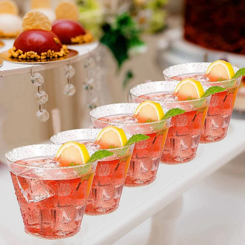 Gold Plastic Cups Clear Plastic Wine Glasses Fancy Disposable Hard Cups With Gold Glitter For Party 100Pcs