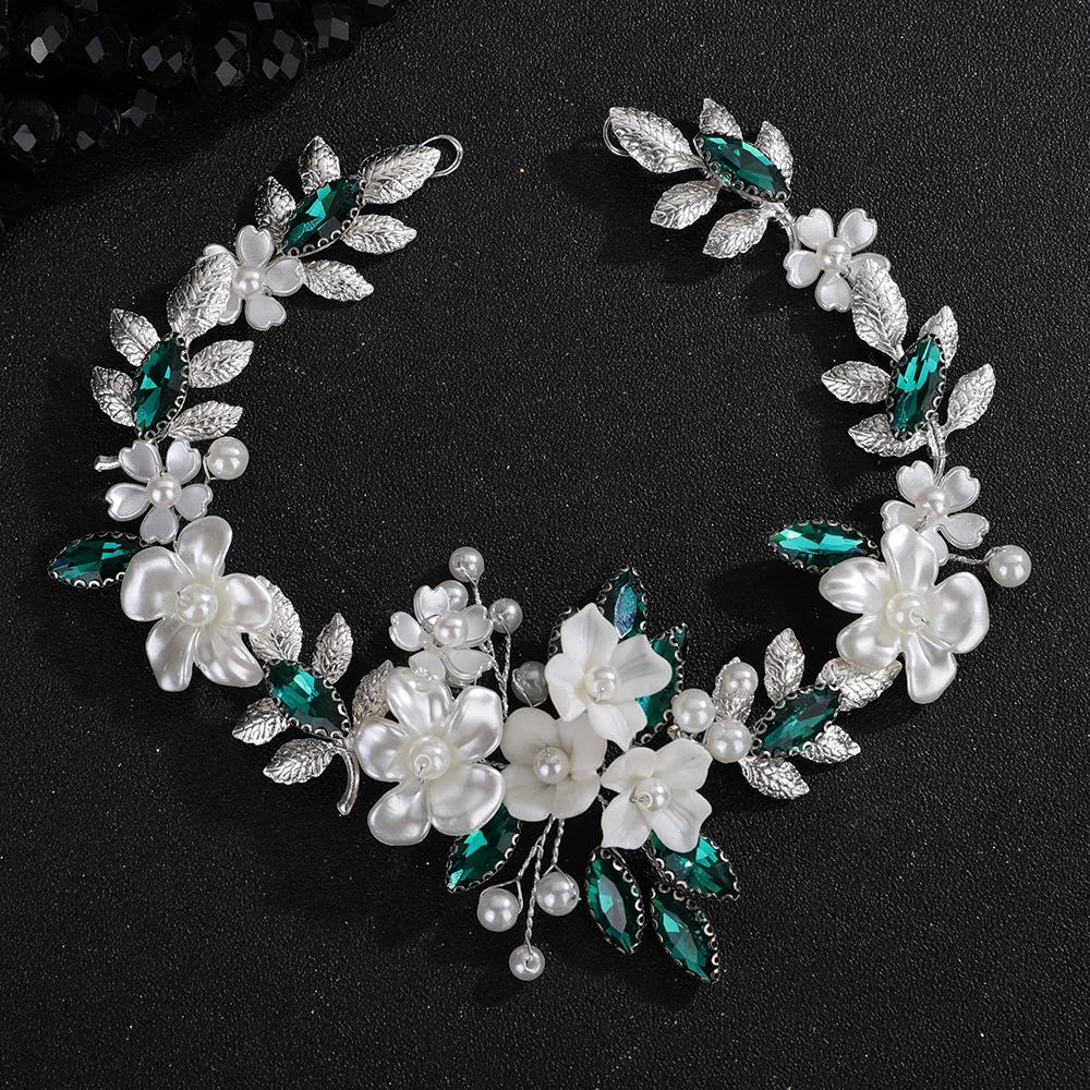 Wedding Resin Flower Green Headband Rhinestone Pearl Bridal Silver Bride Hair Accessories Blue Party Leaf Headband for Women