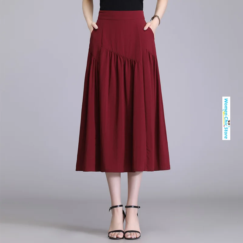 

Women Chic Spliced Elastic High Waist A-line Red Khaki Black Midi Skirt 2024 Summer Elegant Loose Fit Casual Skirts Lady 98173