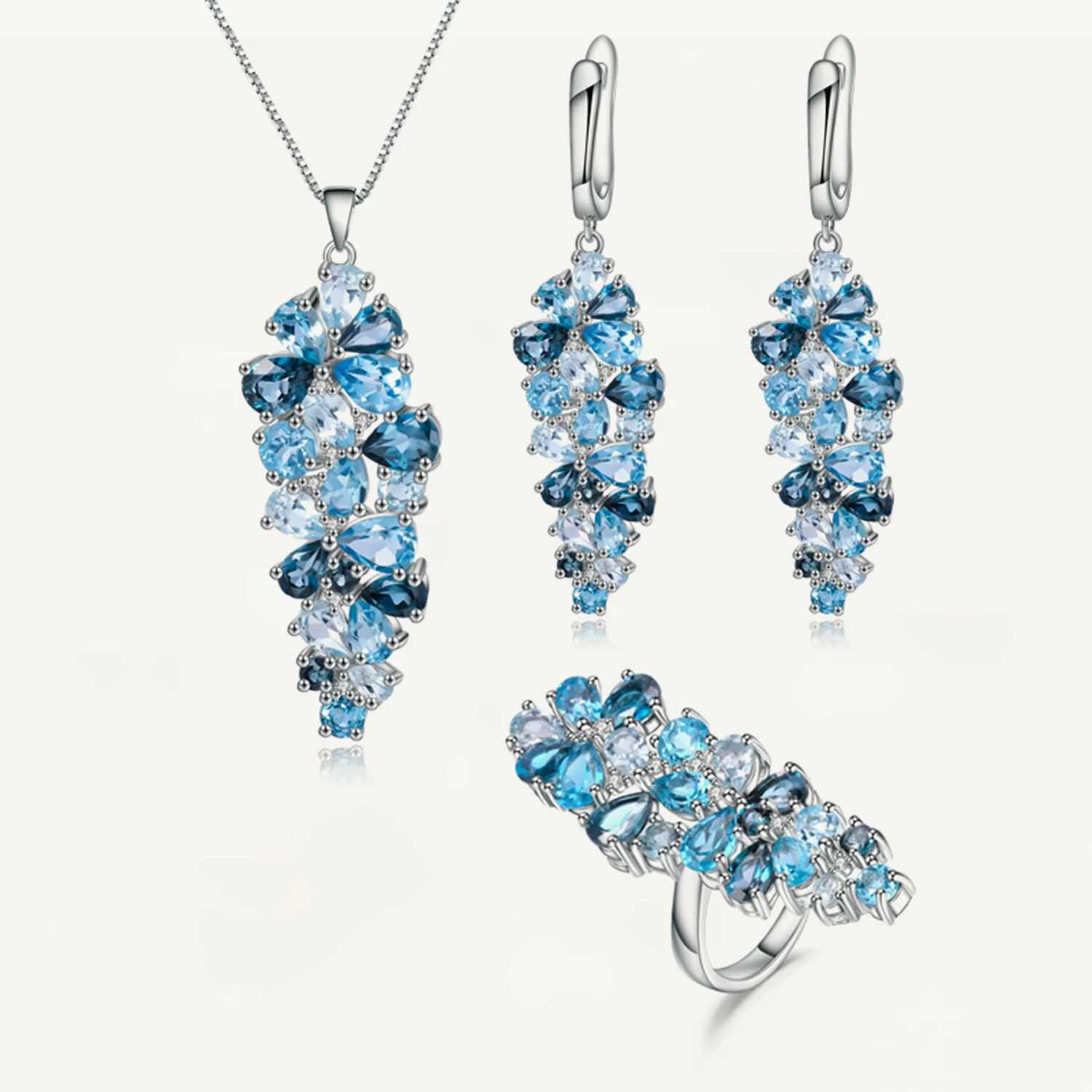 

GEM'S BALLE Design Blue Topaz Gemstone Ring Earrings Pendant Set 925 Sterling Silver Luxury Birthstone Jewelry Sets For Women