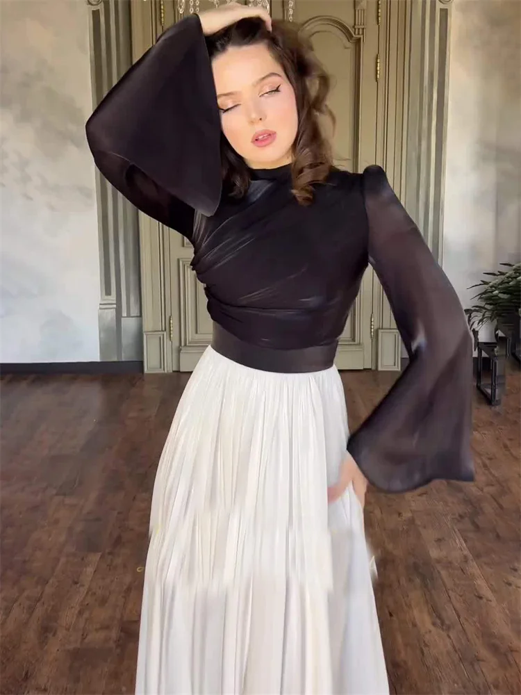 Elegante vestido plisado para mujer, de malla con retazos, vendaje, capas, ajustado, de calle, transparente, en contraste, nuevo vestido largo de otoño