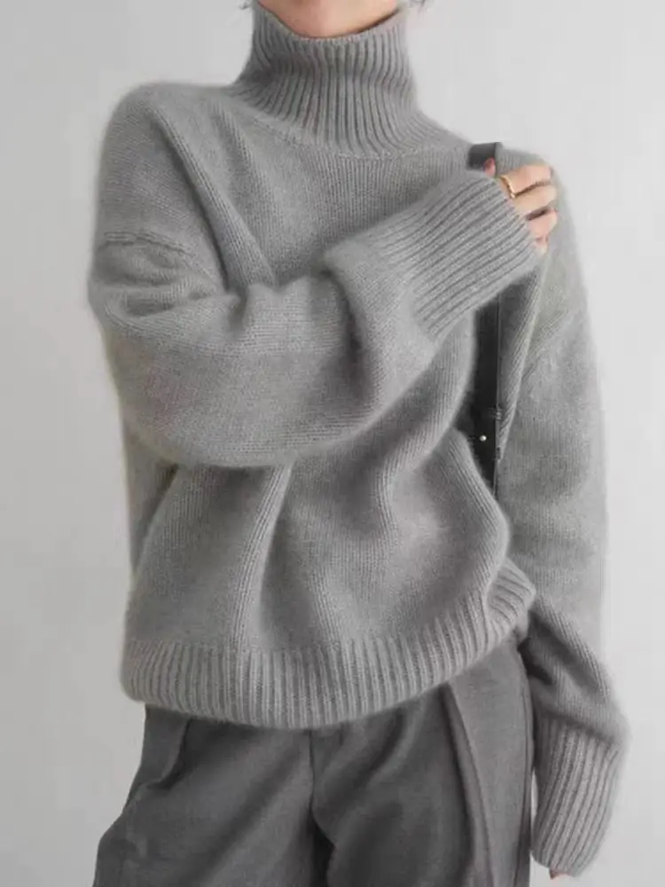 Heavyweight all-wool sweater for women, high-neck, loose, casual and versatile knitted, lazy Korean style sweater, thickened for 3