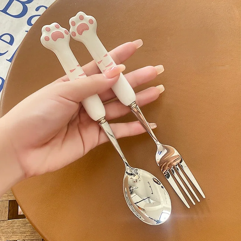 

Ceramic Handle Stainless Steel Fork Creative Cute Spoon Dessert Cat Claw Chopsticks Eat Fruit Salad Small Fork Beautiful Fork