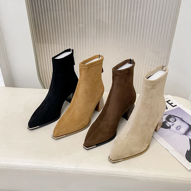 Fashion Pointed Toe Suede Single Boots 2026 New Temperament Block Heel Fashion Boots Booties Women