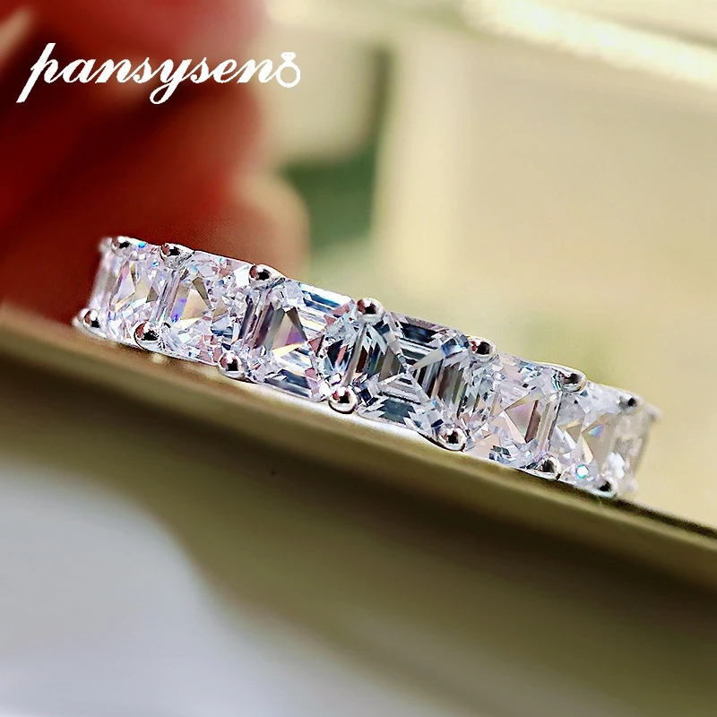 

PANSYSEN New Arrival 100% 925 Sterling Silver Asscher Cut Simulated Moissanite Engagement Ring Girls Wedding Bands Fine Jewelry
