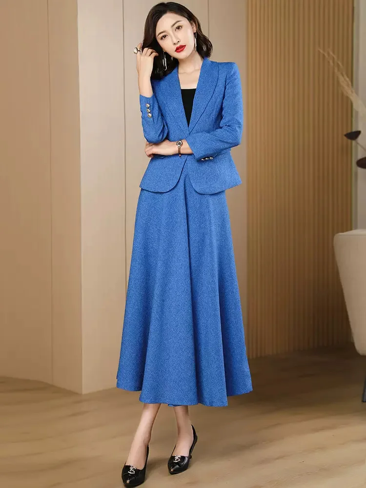 New Women Elegant Skirt Suits Spring Autumn Fashion Classic Single Button Slim Short Blazer and A-Line Long Skirt Two-pieces Set