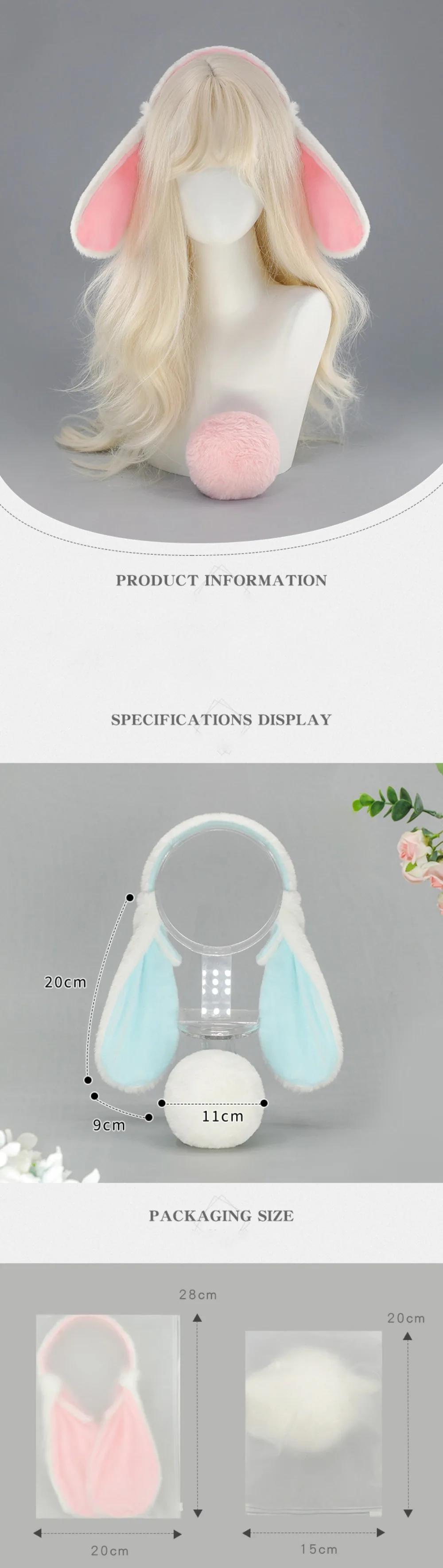 Lolita Mädchen Plüsch Hasenohren Stirnbänder Weiches süßes Design Kaninchen Haarband Foto Requisite Cosplay Kostüm Partykleidung – Detail 5