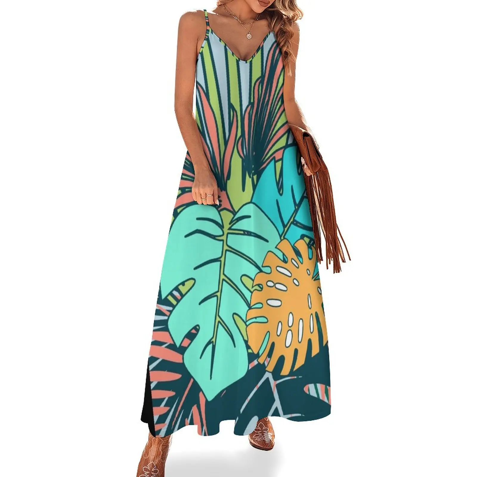 

Tropical Leaves blue Sleeveless Dress loose summer dress Female clothing