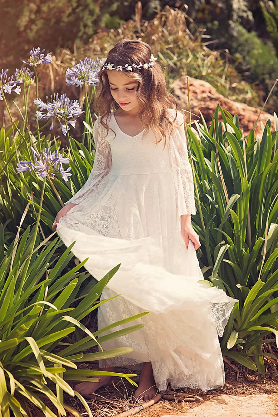 

2-14 Years White Flower Girl Dresses For Child Soft Lace First Communion Dress Flared Sleeves Bohemian Princess Boho Dress Kids