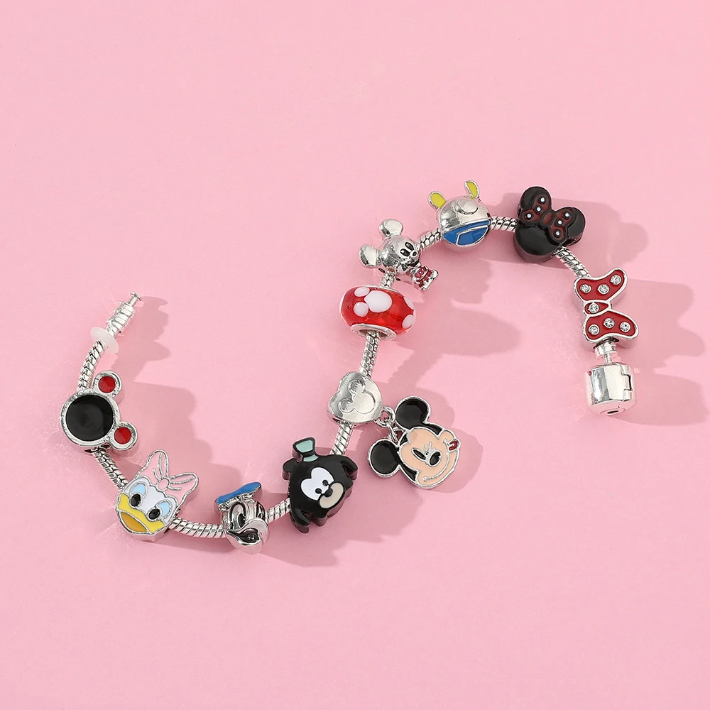 Disney Pulsera con colgante de Mickey y Minnie para Mujer, brazalete de cuentas cristal rojo con clásico de corazón, plateado, joyería| | - AliExpress