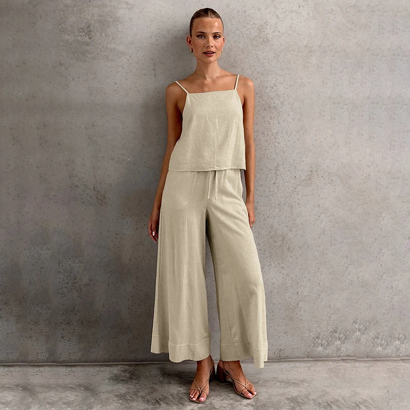 Summer Cool Cotton Linen Solid Suspender Tops Pants Pajamas Two-Piece Sets Fashion Loose Casual Comfortable Women Home Sleepwear