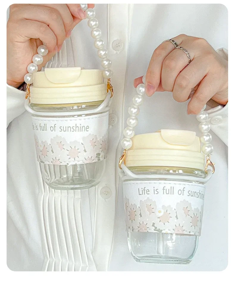 Cute Glass Water Cup Printed Pearl Bracelet Straw Cup Portable Water Cup Coffee 19 Undefined