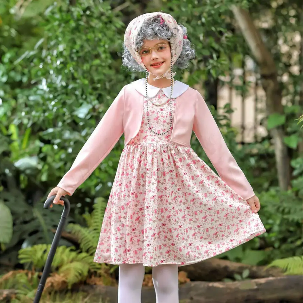 100 Days Old Lady Costume Cosplay Set 100 Days of School Costume Wig Accessories Grandma Outfit Old Lady Dress Up for Girls