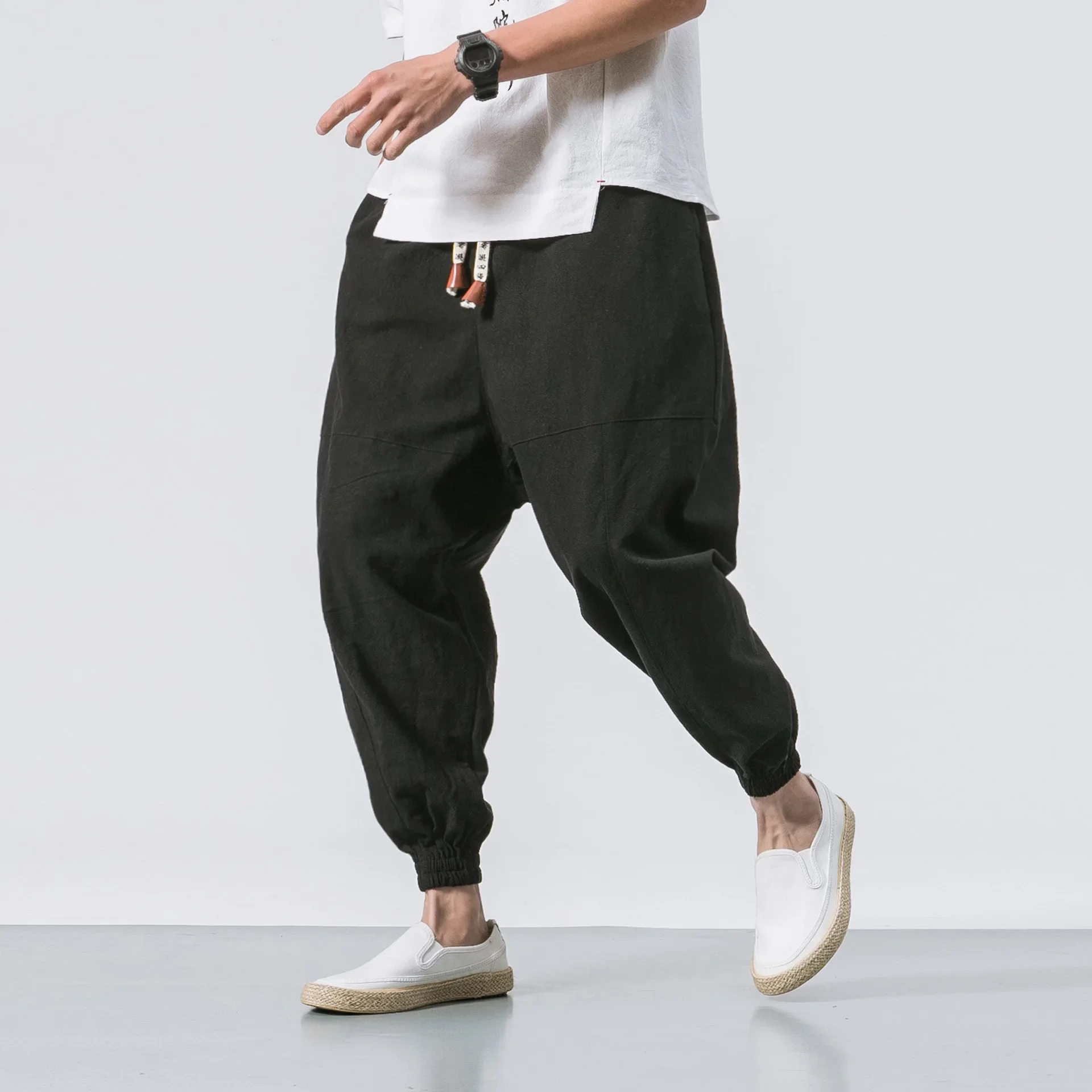 

TPJB Cotton Harem Pants Men Solid Elastic Waist Streetwear Joggers New Baggy Drop-crotch Pants Casual Trousers Men Dropshipping