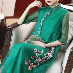 Chinese Vintage Dress Improved Qipao National Flower Embroidery Chiffon Qipao Evening Dress Vestido Oriental Hanfu Dress P1