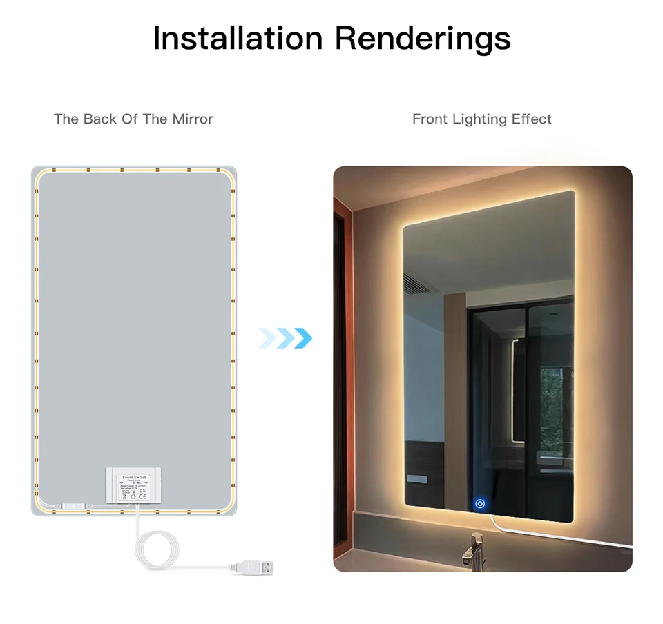 Description Picture 6 of itemUSB 5V Touch Sensor Swtich Dimmable LED Strip Light LED Vanity Makeup Mirror Light Cabinet Dressing Mirror Backlight Lighting