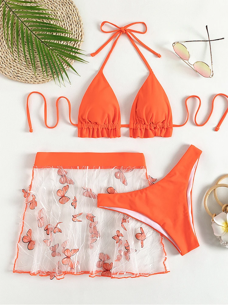 Orange Bikini Set Triangle 3 Piece Swimsuit - Swimsuits - Uniqistic.com