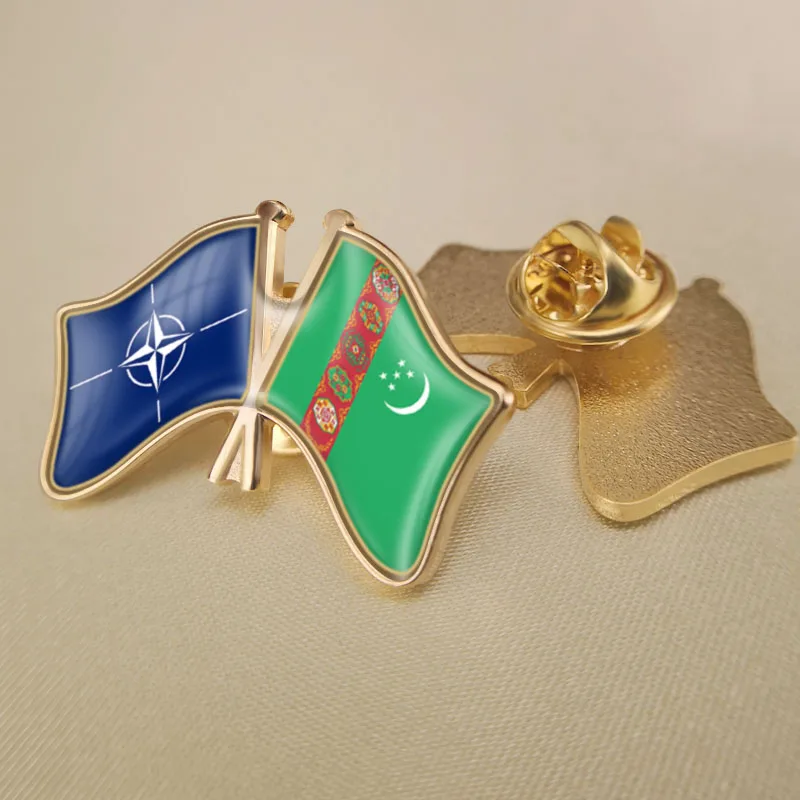 

North Atlantic Treaty Organization NATO and Turkmenistan Crossed Double Friendship Flags Lapel Pins Brooch Badges