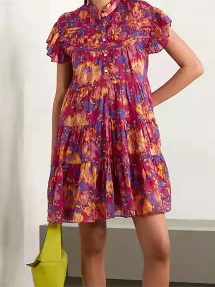 Colorful Prnited Women Ruffles Mini Dress Short Sleeve Front Buttons Pleated Stand Collar Lady