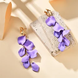 Gold Metal Leaf Acrylic Petal Tassel Earrings - Bold Floral Statement in Rose, Pink, and Orange (Purple)