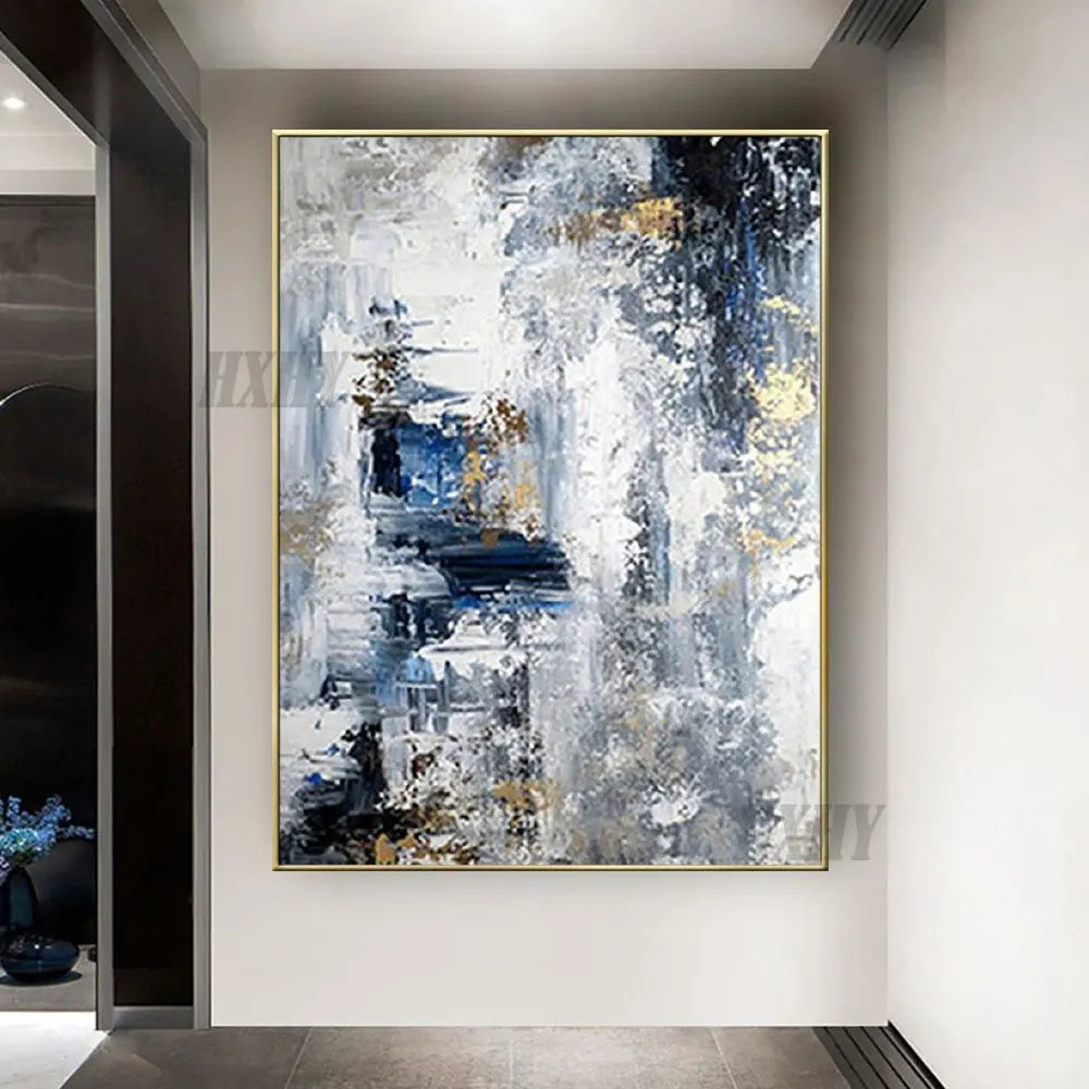 ModernInteriorWallPicturePureHandmadeBlueTextureCanvasOilPaintingsCreativeGypsophila