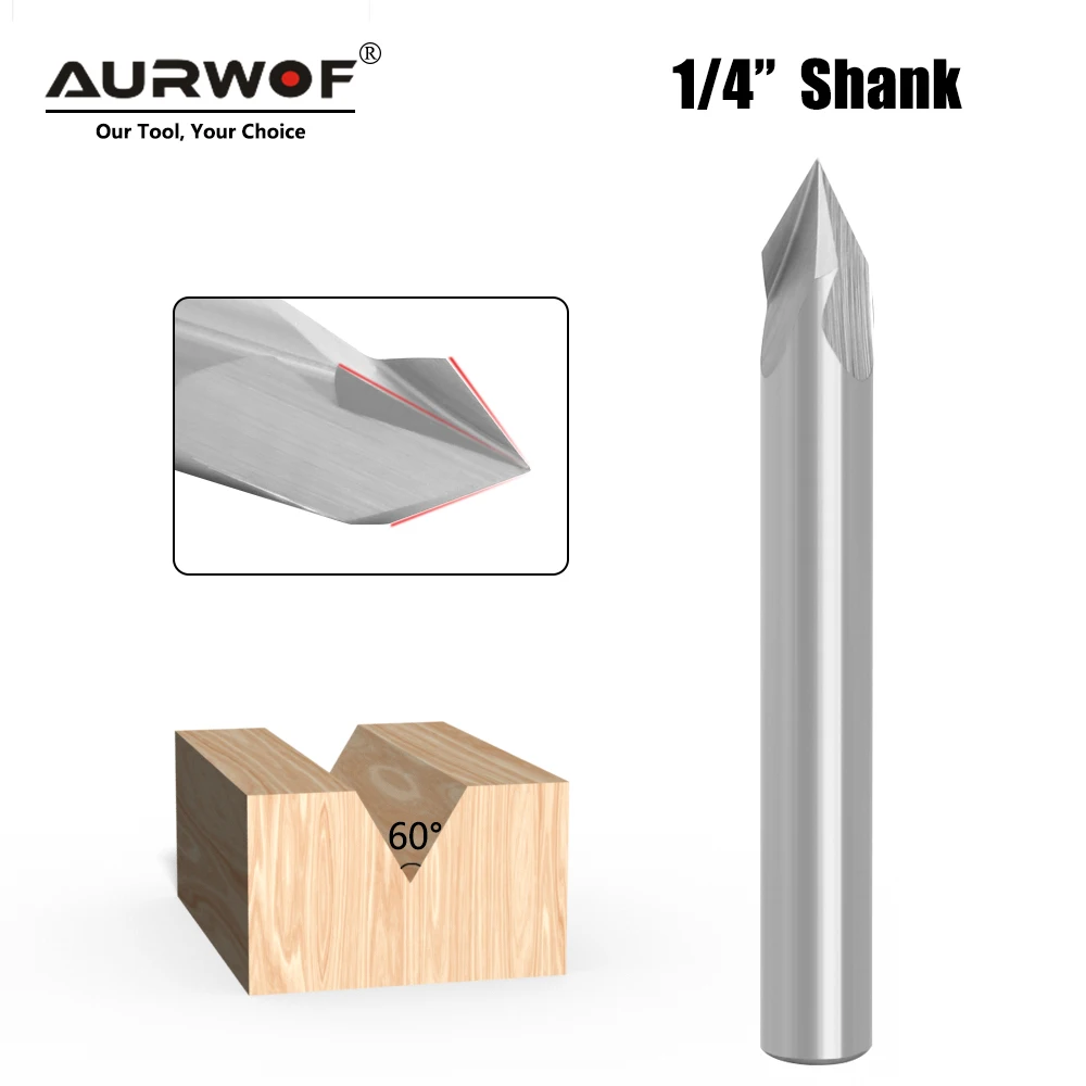 Aurwof 1/4 6,35mm Schaft integraler Hartmetall-CNC-Fräser Spitz bohrer 60 ° Holz bearbeitungs schlitz werkzeug V-Typ Fräser z07v