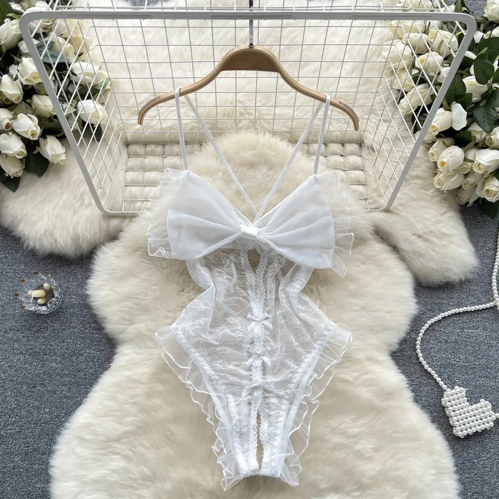 Spring Summer Sexy Lace Mesh Classical Metal Buckle With Hairball Jumpsuit Single-Breasted Eastern Style Stand Collar Bodysuit