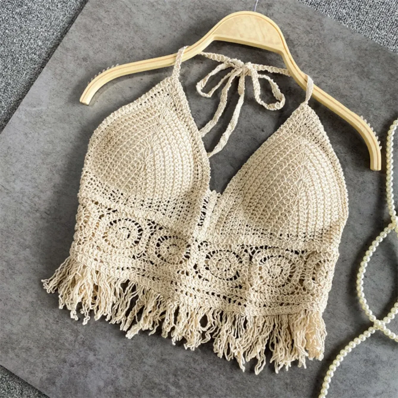 Women Vest Short Tank Boho Fringe Backless Halter Tie Neck Underwear Outerwear Neck Hanging Embroidery Tassel Suspender