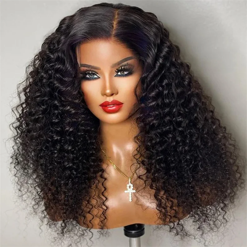 

Soft Long 26'' 180Density Natural Black Kinky Curly Glueless Lace Front Wig For Women BabyHair Preplucked Heat Resistant Daily