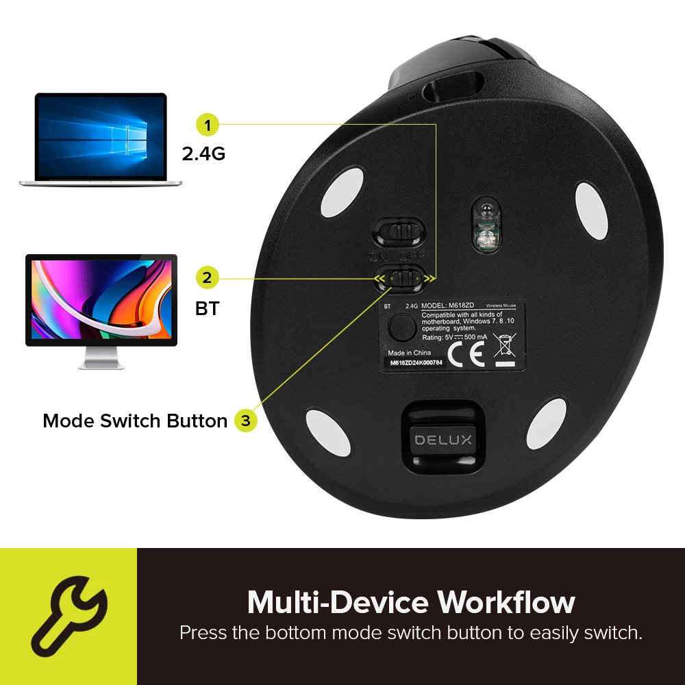 Wireless Ergonomic Mouse for Office Small Hand Bluetooth 2.4GHz Rechargeable Silent Click M618ZD