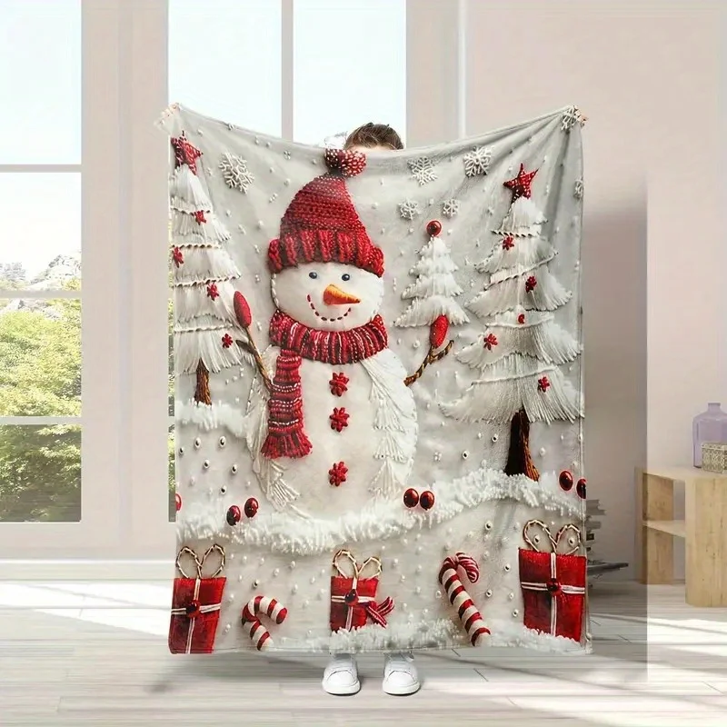 1pc Christmas Snowman & Tree Pattern Flannel Blanket , All-Season Use, Holiday Decor,Festive Design,Plush Texture,Christmas