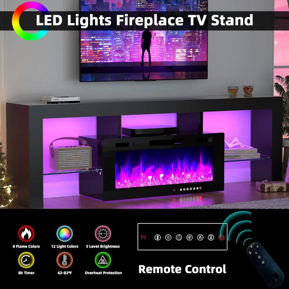 Modern 70" TV Fireplace Stand with 12-Color LED Lights & 12-Color Flame, High Gloss Floating Fireplace Entertainment Center 2