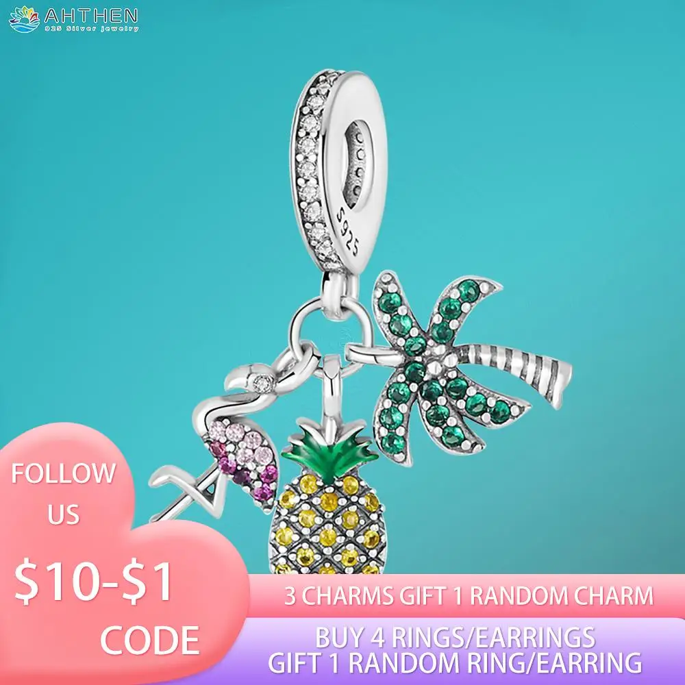 

Ahthen 925 Sterling Silver Beads Pineapple Flamingo Coconut Charm fit Original Pandora Bracelets Fashion Fine Jewelry Gift