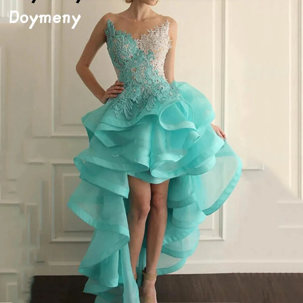 

Doymeny High Low Organza Lace Appliques Ruffle Beaded A-line Prom Dresses Sleeveless Cocktail Homecoming Gowns