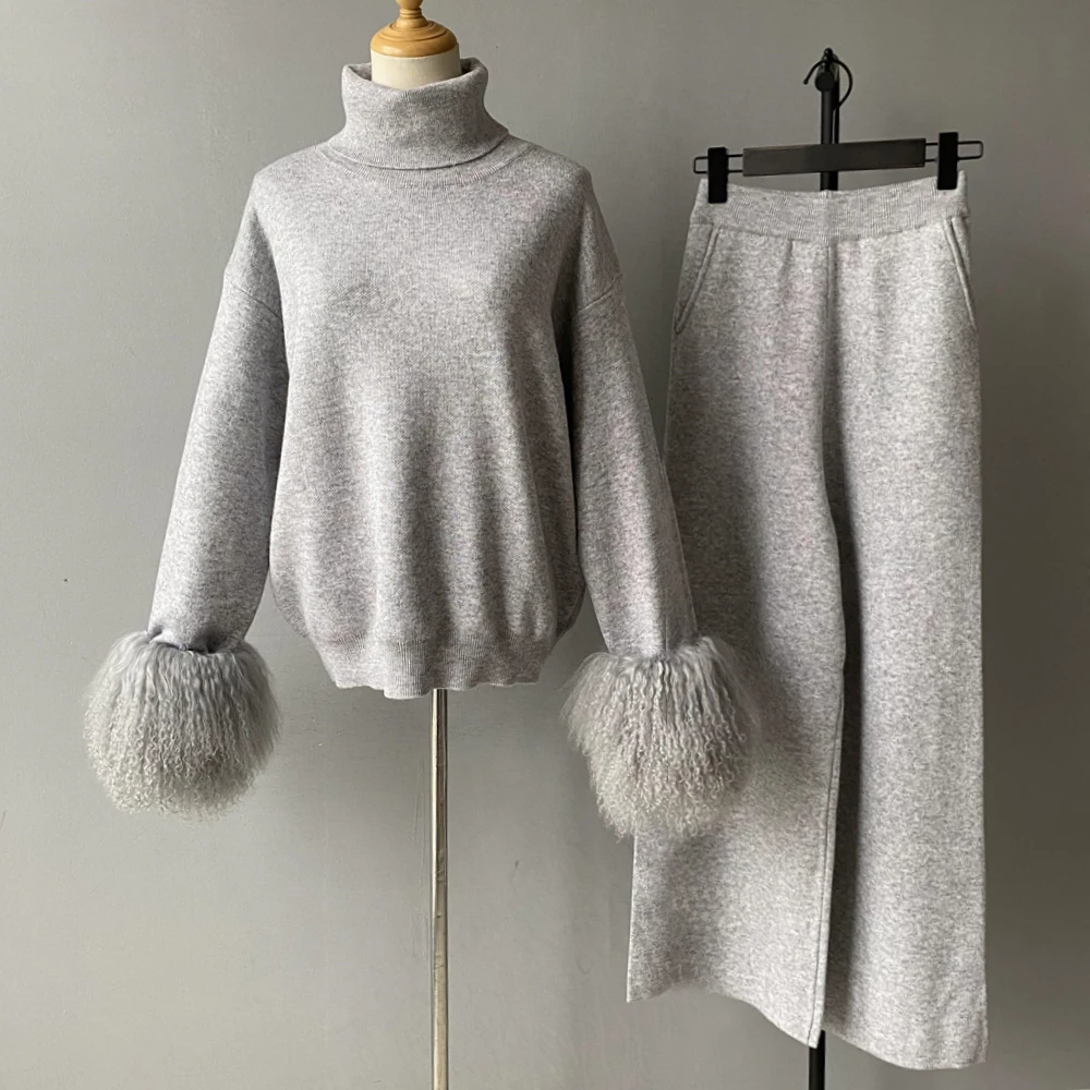 Knit set with turtleneck and faux fur cuffs side view