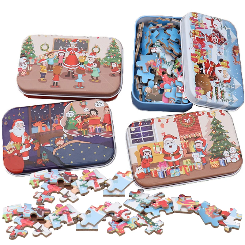 

Рождественские игрушки, игрушка-пазл Санта-Клаус, детская железная коробка, карточки, мультяшное украшение, детская игрушка, Рождественская игра Монтессори, Новогодний подарок
