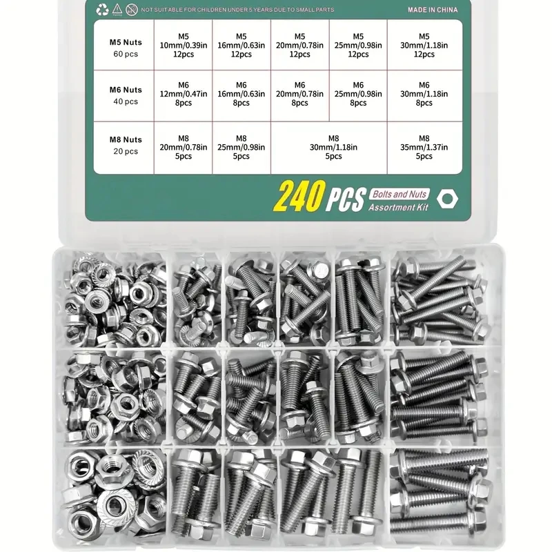 stainless steel Flange Bolts and Nuts Kit-M5 M6 M8 metric hex screw strap nuts corrosion resistant screw bolt nut set stainless steel screws hex nuts assortment kit 240