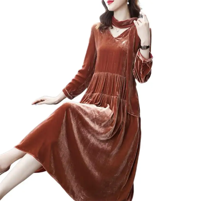 

V-Neck Folds Long Dress Three Quarter Sleeve Casual Autumn Solid A-Line Dresses New Winter Loose Comfort Vestidos 2024