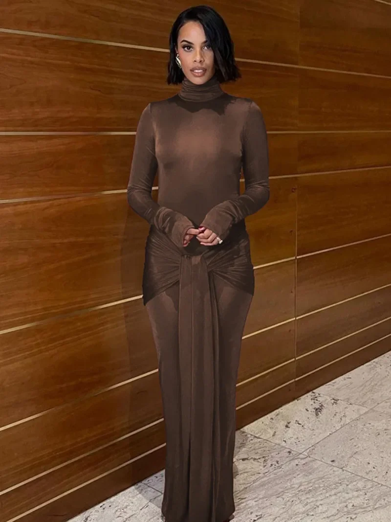 Fashion Women 2025 Spring Turtleneck Bandage Long Dress Elegant Ladies Autumn Bodycon Solid Holiday Party Dresses High Street 3
