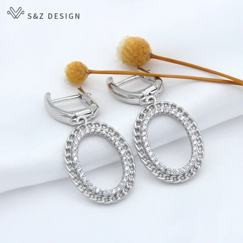 S&Z DESIGN New Fashion Cubic Zirconia Egg Shape Oval Dangle Earrings For Women Girls Wedding Elegant Stylish Jewelry Fine Gift