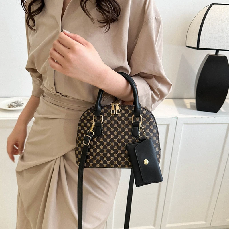 Luxury Shell Fashion Women's Handbag Simple Shoulder Bag Plaid Print Crossbody Bag with Mini Purse