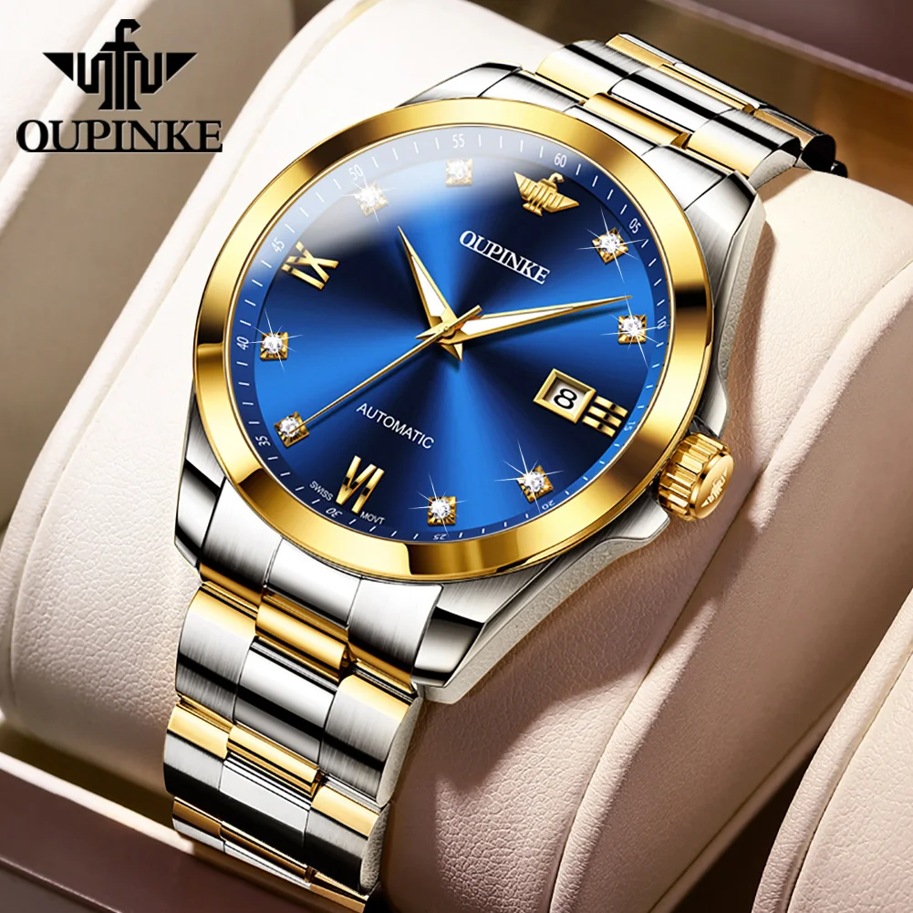 

OUPINKE Men Watch Luxury Real Drill Swiss Movement Tungsten Steel Sapphire Mirror Waterproof Automatic Mechanical Watch for Men