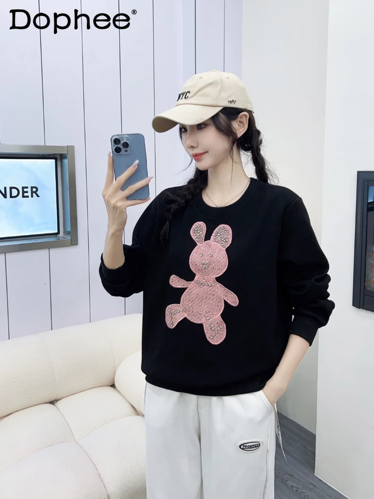 Fashion Cartoon Hoodies Women 2023 Autumn New Korean Style Pink Bear Diamond Round Neck Neck Pullover Sweet Sweatshirts Female letter h bear round drill diamond painting 30 30cm