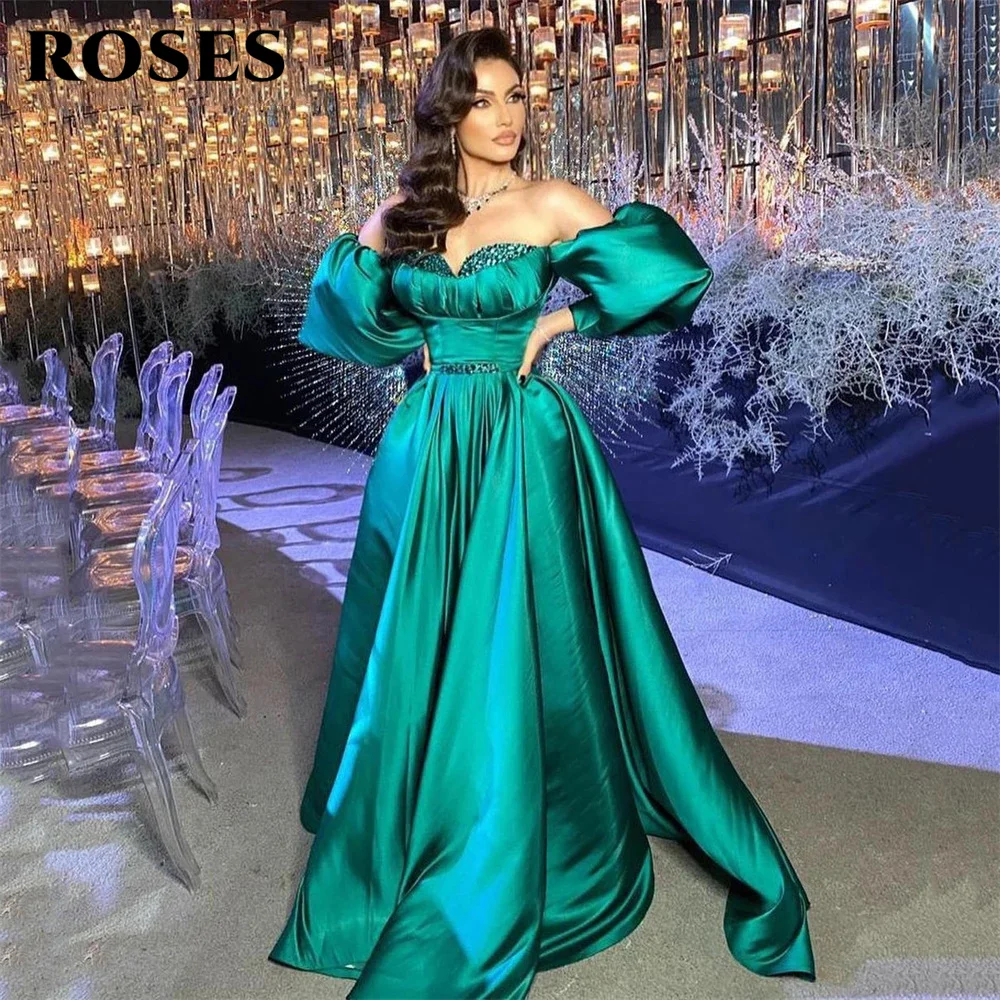 

ROSES Elegant Green Satin Prom Dress Puffy Sleeves Sweetheart Crystals Beaded Long Ball Gown Arabic Evening Gown robes de soirée