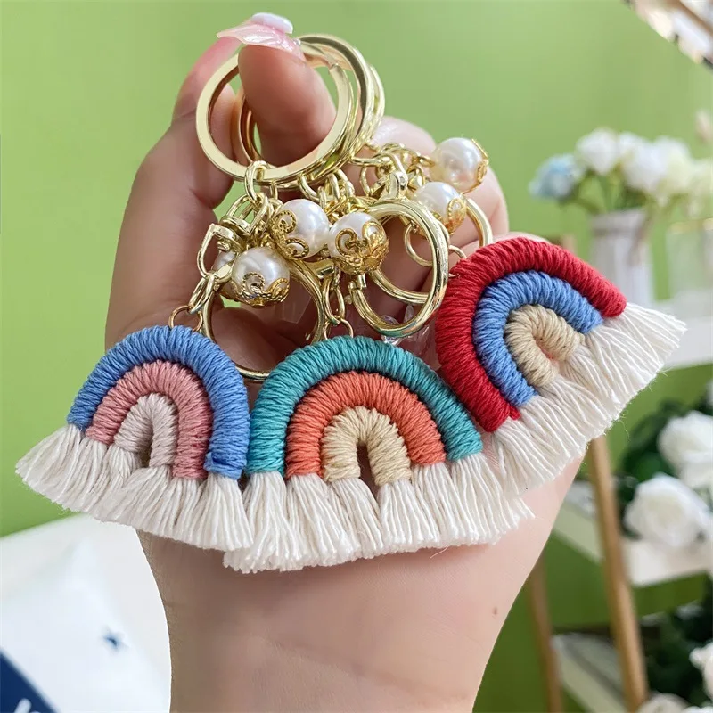 Colori pastello Mini Macrame arcobaleno e Faux perla portachiavi accessori  Boho nappa portachiavi primo compleanno bomboniere per gli ospiti