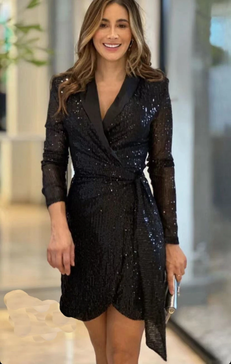 

STYLISH LADY Shiny Sequined Elegant Dress with Sashes 2023 Autumn Women Long Sleeve V Neck Sparkly Sexy Club Party OL Mini Dress