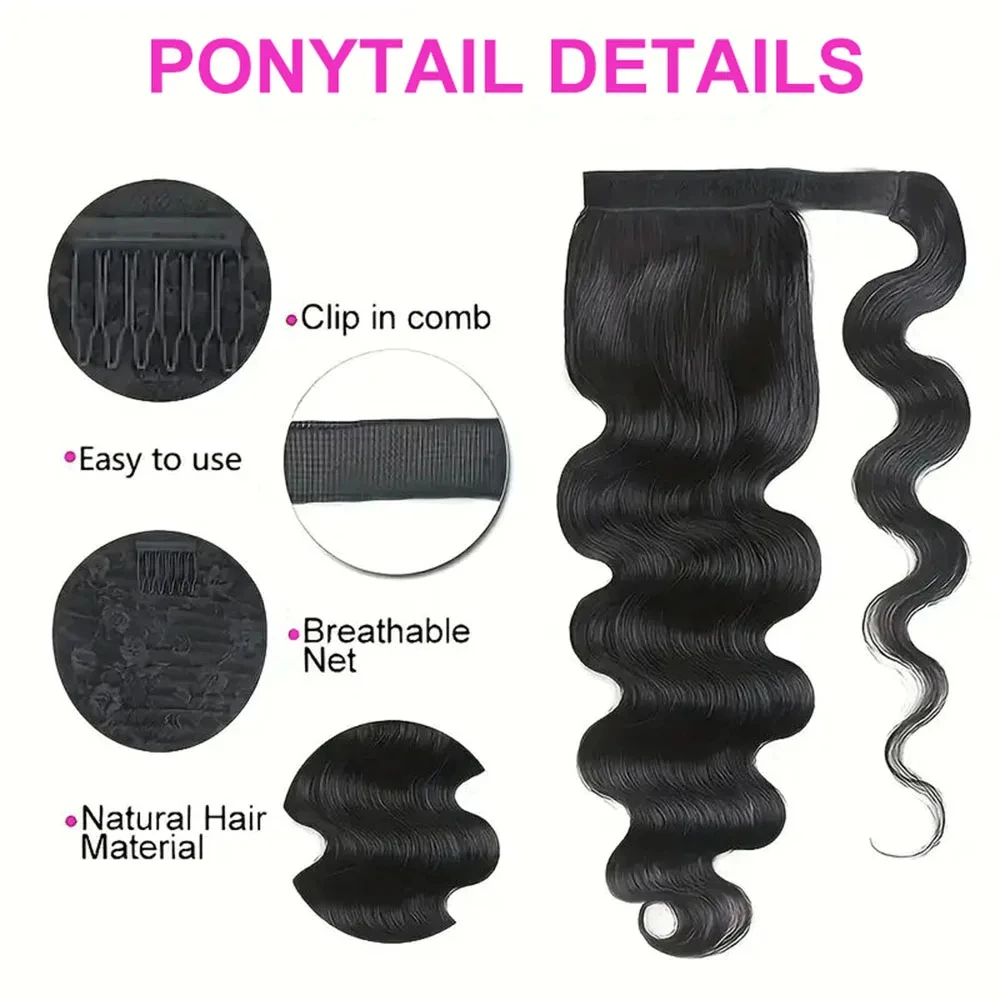 Body Wave Ponytail Extension Human Hair With Magic Paste Warp Around Brazilian 100% Human Hair For Women 1B Natural Color Virgin human hair extensions