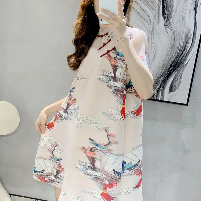 

Casual Dress Female 2023 Summer Chinoiserie Skirt Slim Light Luxury Pleated Dress Vintage Cheongsam Collar Mid length Dress