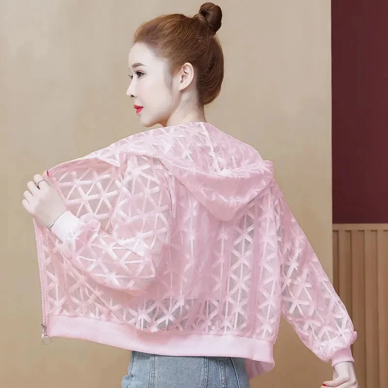 

2023 New Women's Sunscreen Clothing Summer Women Jacket Long Sleeve Hollow Out Hooded Short Long Sleeve Cardigan Thin Outwear